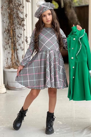 Riccotarz Kız Çocuk Kazayağı Desen Elbise Kolları Peluş Ve Omuzları İnci İşleme Kemerli Yeşil Kaşe Kaban Yeşil