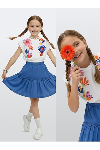 Denokids Kız Çocuk Takım Çiçekli Crop Top Etek Takım İlkbahar Yaz 4-10 Yaş Çok Renkli
