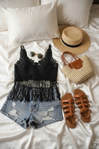 Fashion Cocktail Western Uzun Saçaklı Bohem Dantelli Püsküllü Astarsız Kombin Bluz Crop Siyah