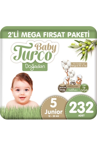 Baby Turco Doğadan 2'li Mega Fırsat Paketi Bebek Bezi 5 Numara 232 Adet 4'lü