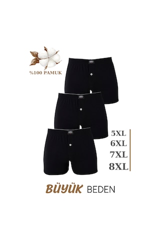 Arma Yıldız 3'lü Paket Erkek Büyük Beden Boxer Siyah %100 Pamuklu Penye Geniş Kalıp Battal Boy İç Çamaşırı Siyah