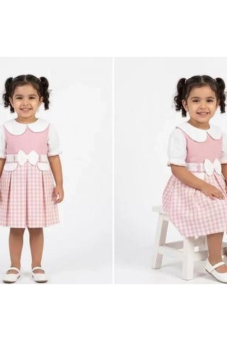 Candar Ekose Desenli Kuğu Yakalı Çocuk Elbisesi 1/4 Yaş Pembe