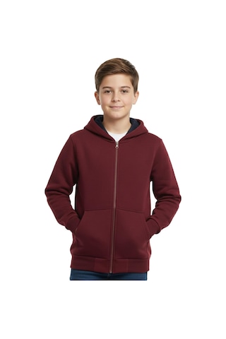 Bordo Fermuarlı Kapüşonlu Cepli Kız Erkek Sweatshirt Bgl-st04999 Bordo
