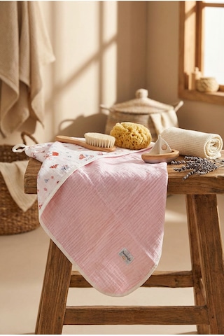 Pembe 4 Kat Müslin Çok Amaçlı Bebek Banyo Bornozu 85x85 Cm Açık Pembe