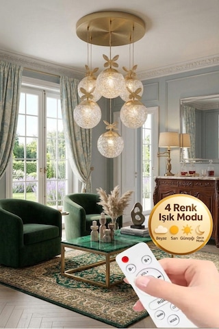 LumiaLighting Küre Model 6"lı Kumandalı Gold 3 Renk Modu Ledli Kristal Taşlı Modern Salon Mutfak Oturma Odası Led Avize