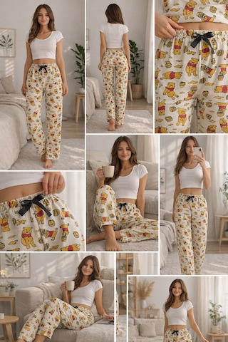 Kadın Desenli Pijama Altı Rahat Kesim Lastikli Ev Giyim Pantolonu Krem