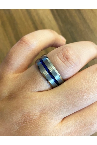 Erkek Mavi Çizgi Detay Gümüş Renk Tungsten Yüzük Silver