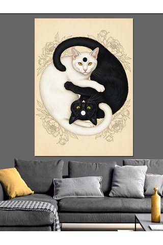 Ahşap Tablo Yin Yang Kedi Felsefesi Çocuk Odası Tabloları