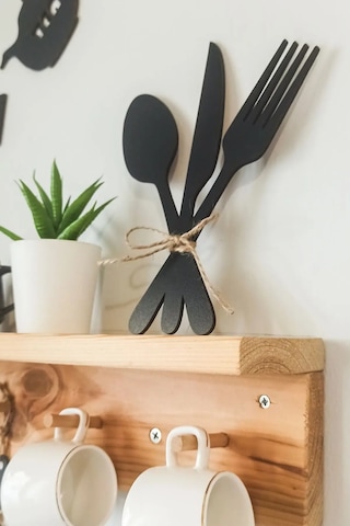 3'lü Dekoratif Ahşap Çatal-kaşık-bıçak Seti Mutfak, Kahve Köşesi, Dolap, Raf, Askı Süsü 19 Cm
