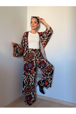 Ali Butik Siyah Etnik Desenli Kimono Pantolon Takım Siyah