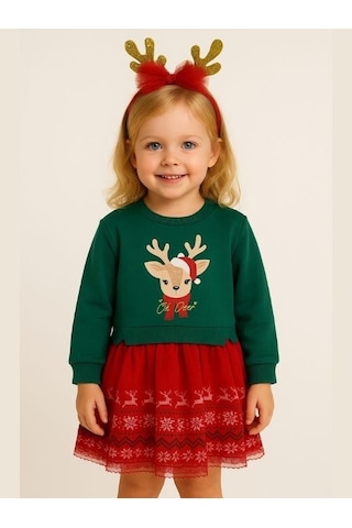 Kız Çocuk Geyikli Yılbaşı Temalı Taç Hediyeli Elbise-16405 Kırmızı
