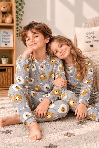 Free Beka Sevimli Desenli Bisiklet Yaka %100 Pamuklu İnterlok Kumaş Kız Ve Erkek Çocuk Uzun Kollu Pijama Takımı Gri