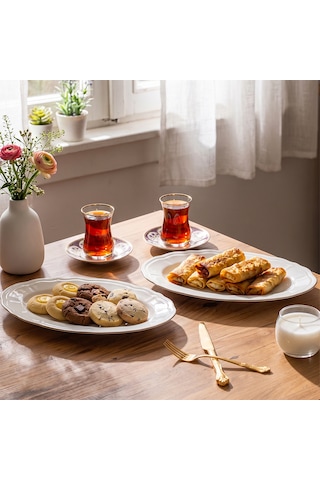 Porsima 4446 Tiffany Porselen Platin Fileli Kayık Tabak Seti - Oval Kahvaltılık Sunumluk Seti 30cm Beyaz