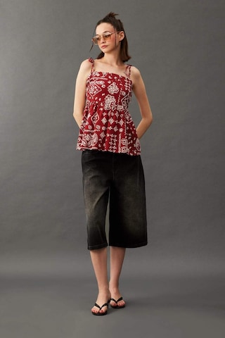 Defacto Flare Fit Şal Desenli Poplin Kolsuz Bluz F9936ax25smbr229 Bordo