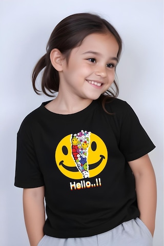 Panios Kids Emoji Baskılı Kız Çocuk Kısa Kollu T-shirt Siyah