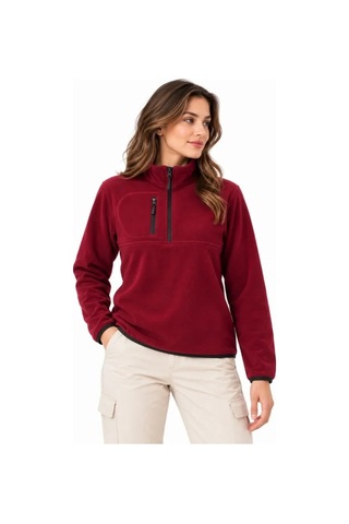 Zenna Tarz Polar Dik Yaka Yarım Fermuarlı Fermuarlı Göğüs Cepli Regular Fit Kışlık Sweatshirt - Bordo