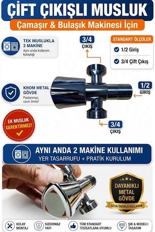 2 Çıkışlı Çift Su Girişli Çamaşır Ve Bulaşık Makine Musluğu Taharet Musluğu Taksimat Musluk