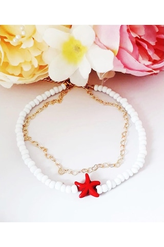 Altın Kaplama Kalpli Zincir Beyaz Kesme Boncuk İkili Kadın Deniz