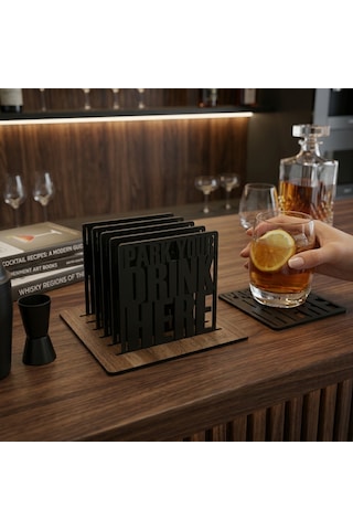 Doalino Premium Ahşap Bardak Altlığı Seti 6'lı Stantlı Park Your Drink Here Siyah