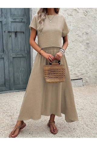 The İstanbul Kadın Kısa Kollu Bisiklet Yaka Bluz Etekli Ithal Keten Ikili Takım Bej