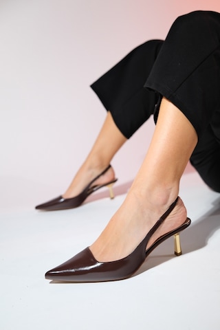 Luvishoes Marten Kahve Cilt Kadın Sivri Burun Arkası Açık İnce Topuklu Ayakkabı Kahverengi