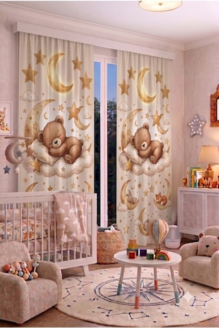 Bebek Çocuk Odası Fon Perdesi 100 X 250 Cm 1 Kanat Sevimli Desenli Dekoratif Dijital Baskılı Premium Çocuk Odası Perdesi