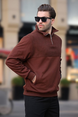 Madmext Acı Kahverengi Dik Yaka Yarım Fermuarlı Polar Sweatshirt 7096 Acı Kahverengi