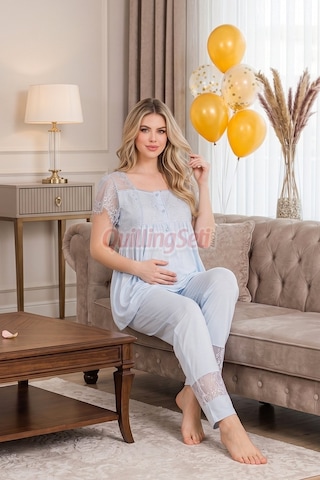 Quilling Lady Mavi Renkli, Derin Patlı, Dantel Detaylı 33002 Sabahlıklı 3lü Lohusa Hamile Pijama Takımı Açık Mavi M - L