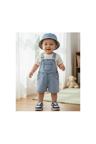 Altıntaş Baby Kot Kumaş Şapkalı Salopet Ve Tişört Set Mavi Mavi