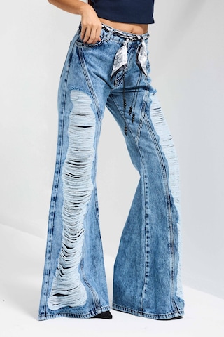 Itsbasic Kadın Mavi Flare Fit Altı Beslemeli Yırtık Ve Fular Detaylı Tasarım Denim Jean