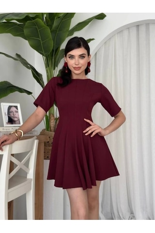 Defymoda Crem Pliseli Elbise Bordo