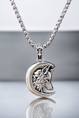 Ak Store Silver Gümüş Kaplama Krom-Çelik Erkek Kolye Madalyon Hilal İçinde Bozkurt Gümüş