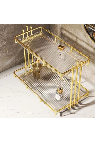 Hafif Lüks Banyo Banyo Rafı Masaüstü Lavabo Kozmetik Kutusu Tuvalet Tuvalet Tezgahı Depolama Rafı 3 Boncuk Çift Katmanlı Küçük Akrilik Raf Gümüş