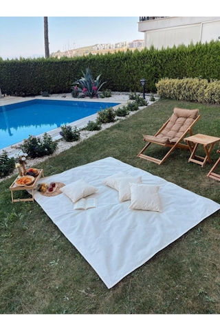 Pamuk Ham Keten Yer Masa Piknik Örtüsü Sofra Bezi 160 X 200 , 4 Minder 40 X 40 Set Bej