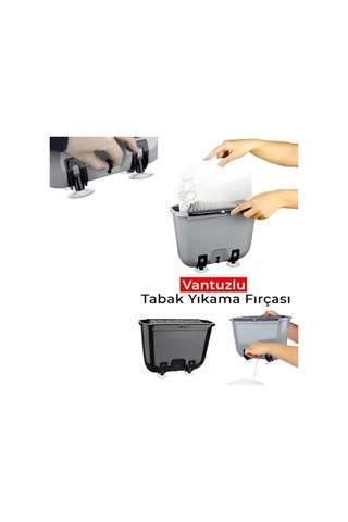 Vantuzlu Tabak Yıkama Fırçası, Plastik, Gri, 29.7x13x21 Cm, 3 Litre Hacimli, Su Tasarruflu Bulaşık Yıkama Kabı, Vakumlu Ayaklı Siyah