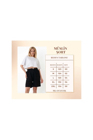 The Voler Müslin Şort Kadın Yüksek Bel Oversize Rahat Kesim Cepli %100 Pamuklu Yazlık Şort Siyah
