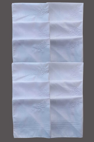Çiçek İşlemeli Bayan Mendili 12 Adet 28x28 Cm 100 Pamuk Beyaz