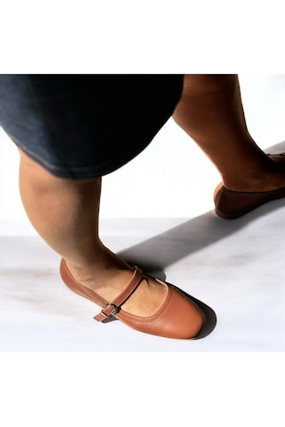 Ne&ve Shoes Taba Hakiki Deri Tokalı Kadın Babet