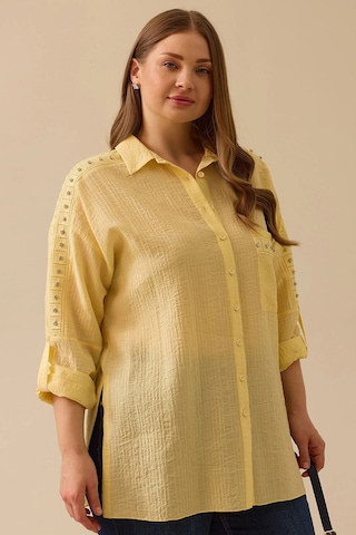 Galaxi Kadın Büyük Beden Taş Detaylı Dokulu Gömlek 4023 Sarı Sarı