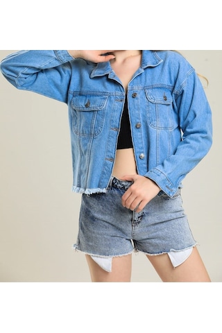 7014 Kadın Kadın Düğmeli Jeans Denim Kot Ceket Mavi