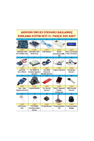 Arduino Uno R3 Ch340g Başlangıç Ve Kodlama Eğitim Seti 51 Parça 220 Adet