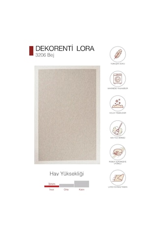 Hoom Rugs Lora 3206 Bej Çerçeveli Pamuk Taban Hav Toz Vermez Sisal Halı