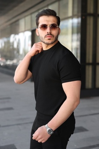 Veraura Lifestyle Erkek Bisiklet Yaka Petek Dokulu Kısa Kollu Triko Tişört Siyah