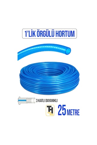 1'lik Örgülü Bahçe Hortumu Çatlamaz, Kırılmaz, Esnek 25 Metre Mavi