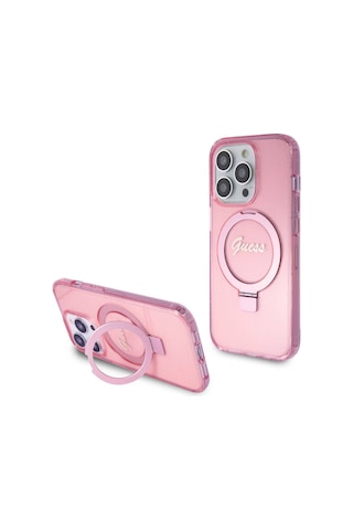 Apple Uyumlu iPhone 15 Pro Kılıf Guess Lisanslı Magsafe Özellikli Simli Ring Standlı