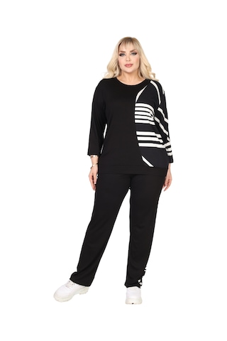 Melsay Butik Siyah Truvakar Kol Yarım Çizgi Garnili Viskon Büyük Beden Takım Siyah