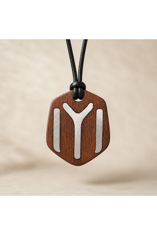 Kayı Boyu İyi Sembol Çift Taraflı Ahşap Metal Döküm Kolye - Unisex 011 - Kahverengi