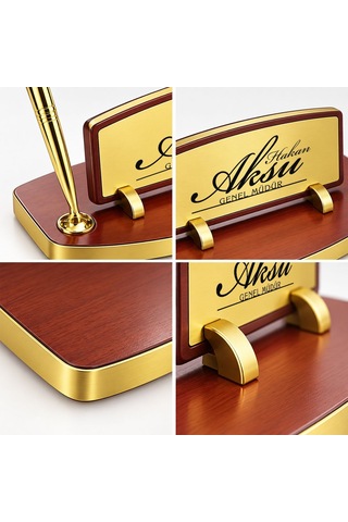 Bk Gift Kişiye Özel Kalemli Ahşap Masa İsimliği Gold Plakalı Bk26 -2 Çok Renkli