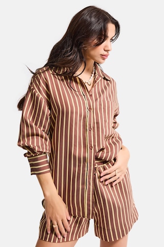 Itsbasic Kadın Kahve Çizgili S6-108 Oversize Rahat Kesim Gömlek