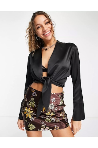 Fashion Cocktail Saten Önden Bağlamalı Dekolte Gece Kokteyl Kombin Uzun Kol Krop Bluz Siyah
